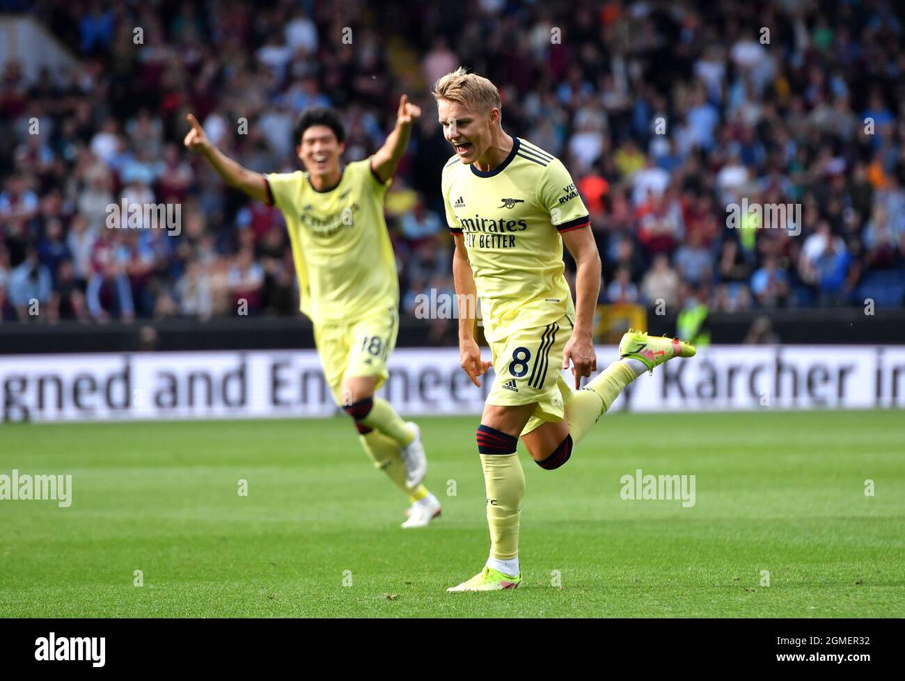Arsenal's Martin Odegaard celebrates scoring their side's first goal of the game during the Premier League match at Turf Moor, Burnley. Picture date: Saturday September 18, 2021. Stock Photo