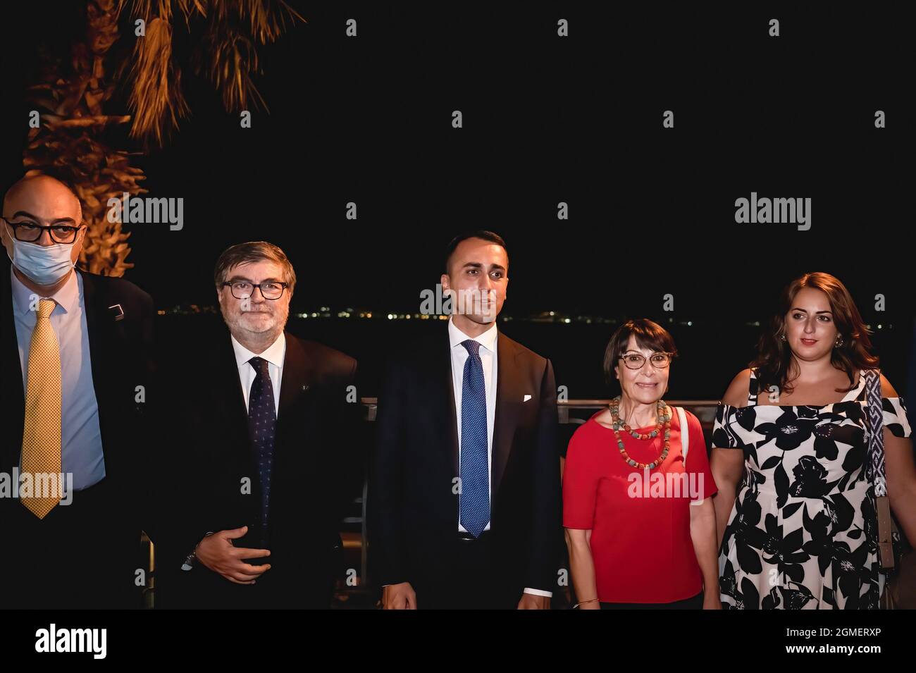Deputy Giuseppe D'Ippolito (L), Dalila Nesci (R), undersecretary for the South and territorial cohesion, pose with Minister Di Maio (L-C), and Amalia Bruni (R-C) in Reggio. Italian Minister of Foreign Affairs and International Cooperation Luigi di Maio (M5S, Movimento 5 Stelle) arrived in Reggio Calabria in support of the aspiring Governor Amalia Bruni (PD, Partito Democratico), candidate for the centre-left coalition at the Regional elections (3-4 October 2021). Di Maio and Bruni met their supporters at the Chamber of Commerce and later during a dinner at Pepy's Beach Restaurant. Stock Photo