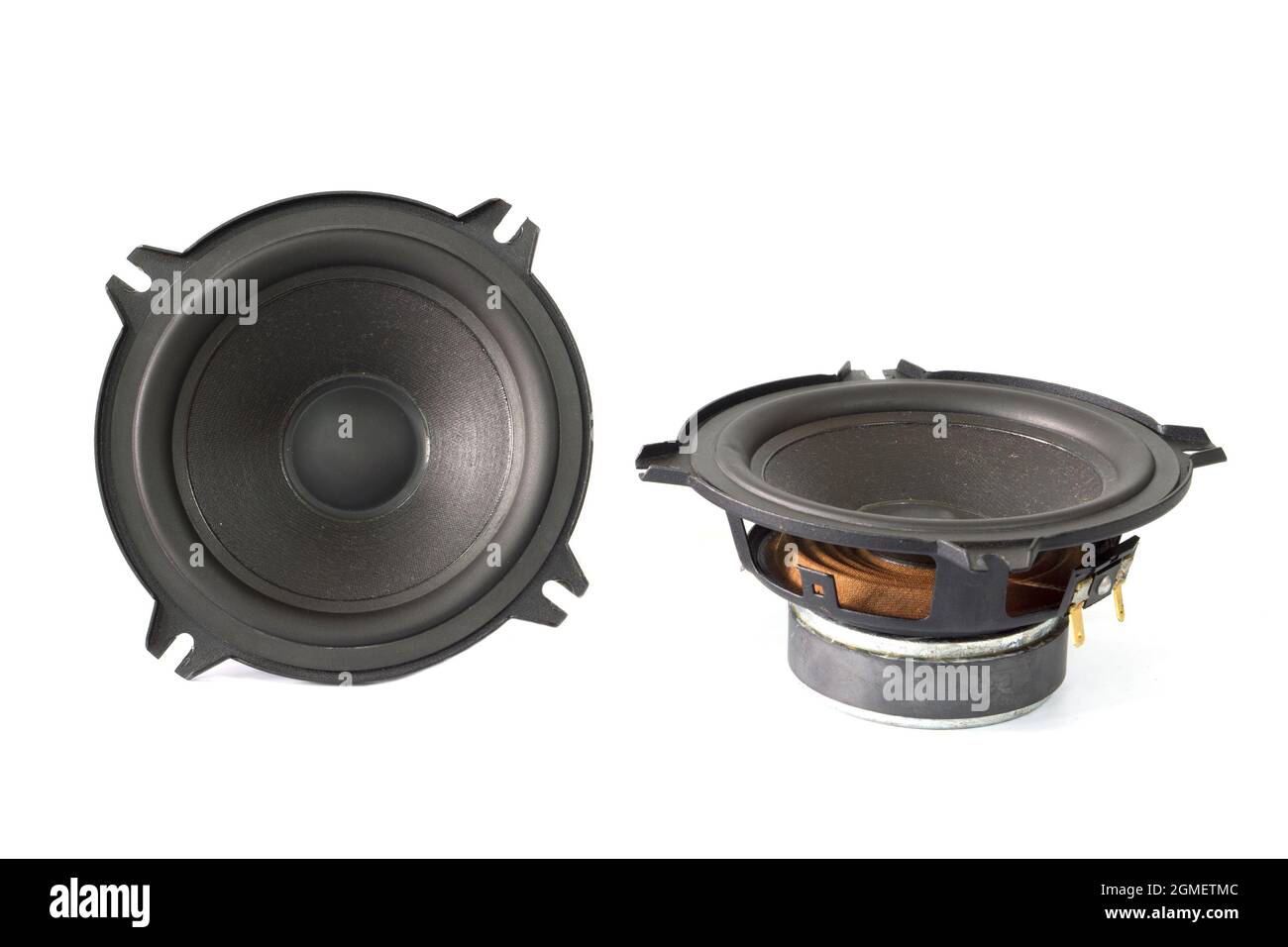 Pair of black old car audio speaker on white background Stock Photo - Alamy