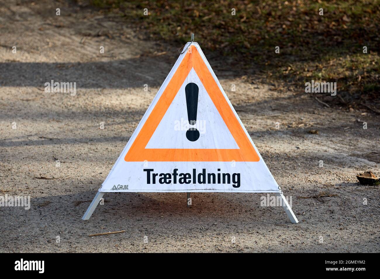 'Træfældning' (Danish for 'tree felling'), sign; Denmark Stock Photo