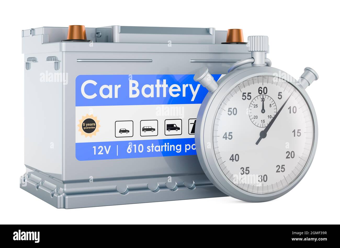 Stopwatch with car battery, 3D rendering isolated on white background