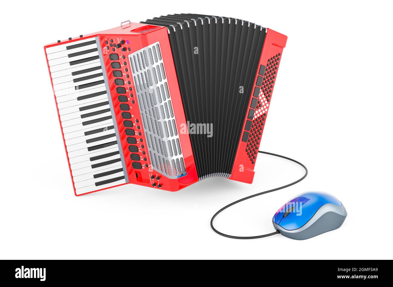 Piano accordion with computer mouse. 3D rendering isolated on white