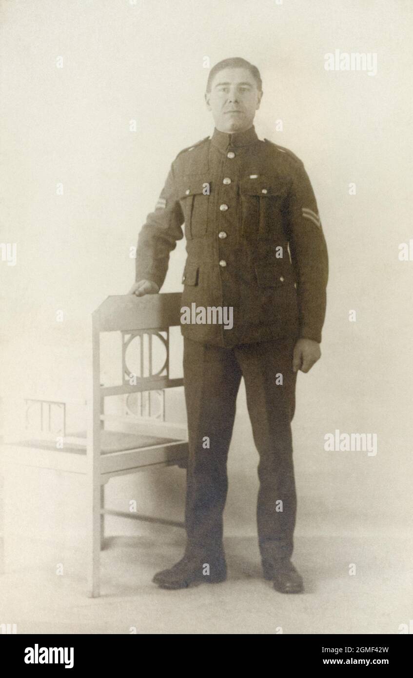 A portrait of a First World War British soldier, a Corporal, standing. Stock Photo