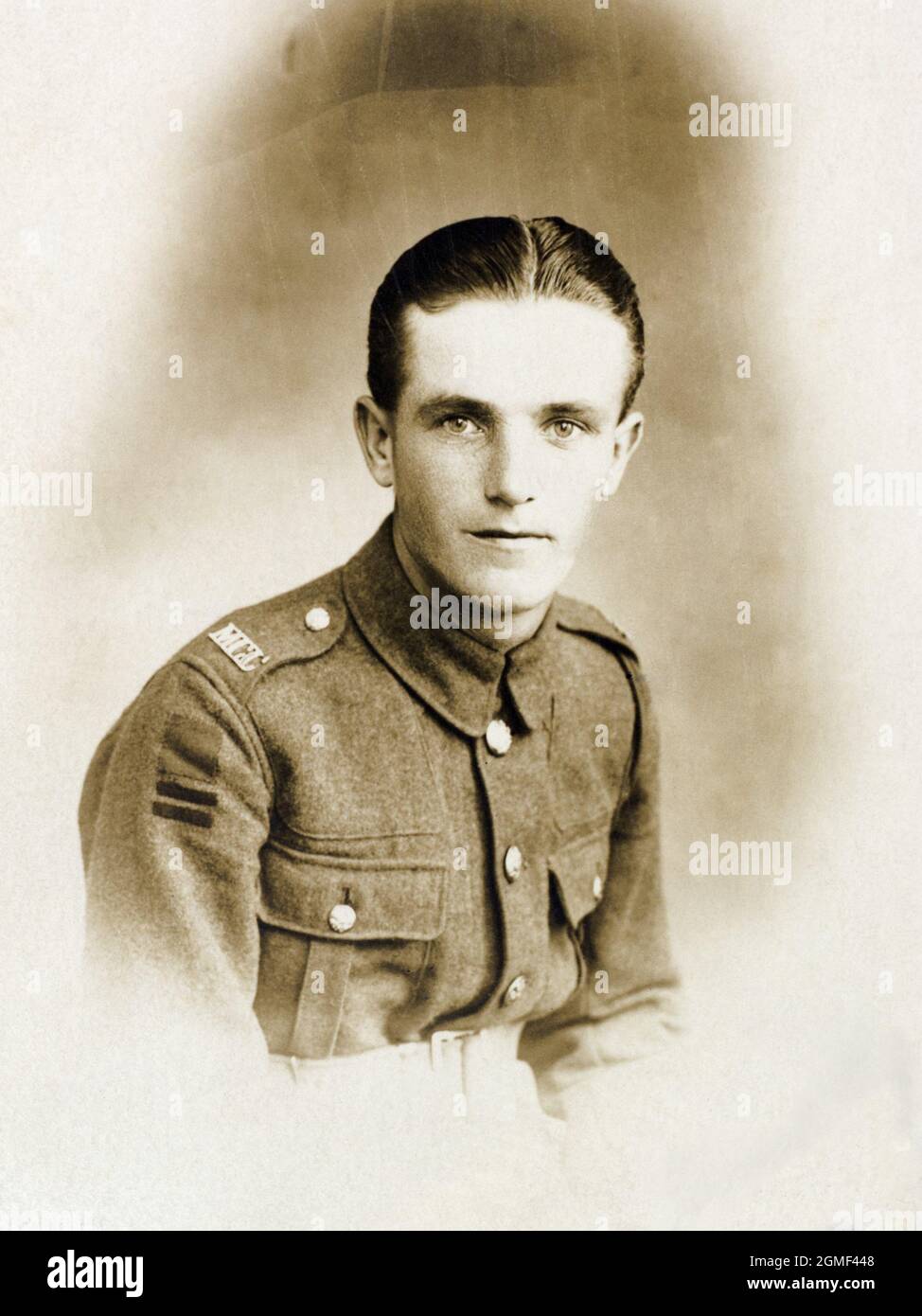 A portrait of a First World War British soldier, Private Jim Preece, Machine Gun Corps (MGC), service number 10473. He served in the 123rd Machine Gun Company, 123rd Brigade, 41st Devision. Marked as taken in France on 25th August. Possibly from 1916, when he was aged 22. He survived the war. Stock Photo