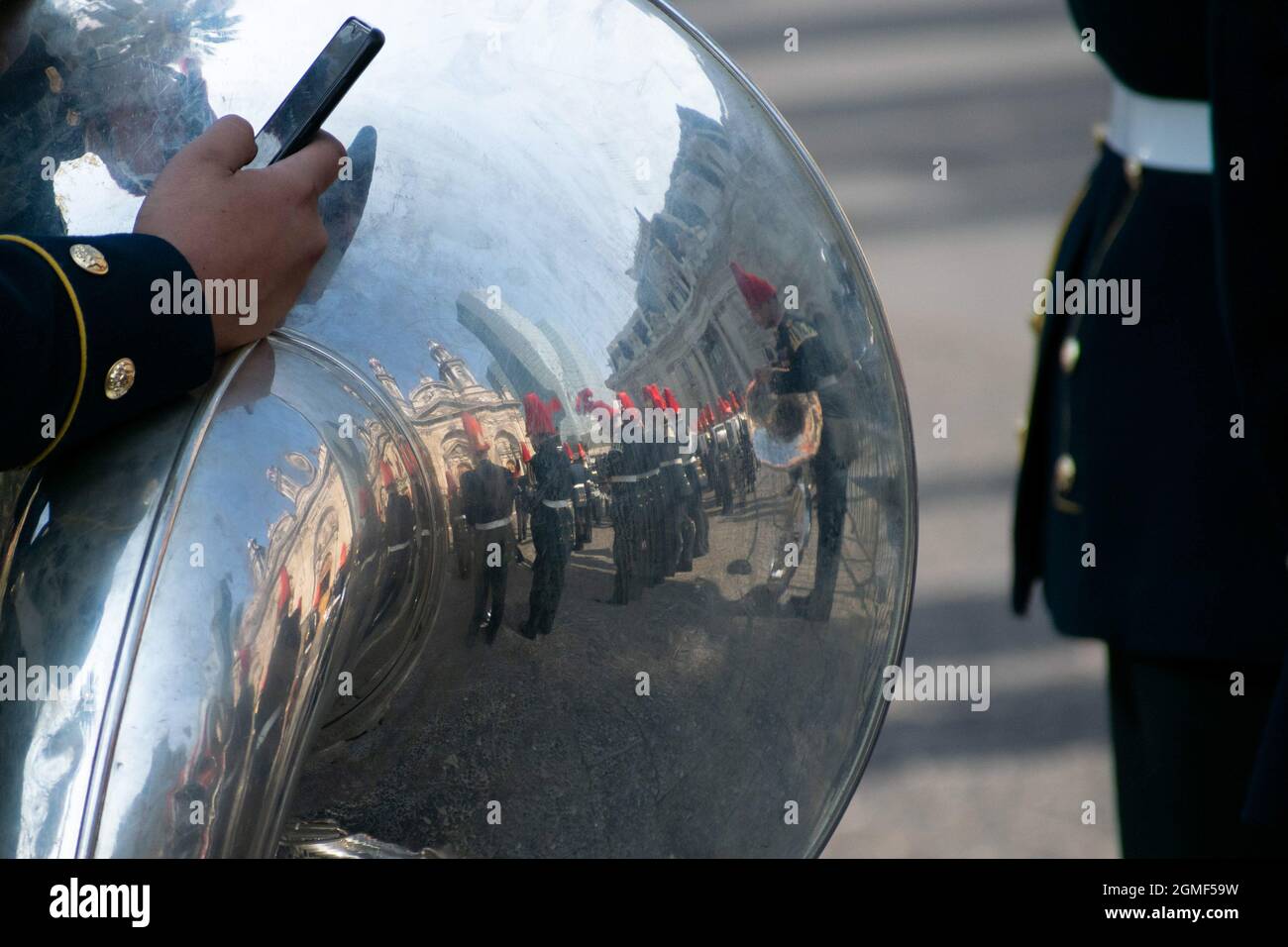 Santiago, Metropolitana, Chile. 18th Sep, 2021. Members of the armed forces reflected in an instrument, in the ecumenical Te Deum celebrated in the cathedral of Santiago, on the day of the independence of Chile. President Sebastian PiÃ±era arrived at the ceremony together with the highest government and Church authorities. Sanitary protocols were imposed due to the covid pandemic, but with more relaxation than last year, since Chile is going through a good epidemiological moment. September 18, 2021. (Credit Image: © Matias Basualdo/ZUMA Press Wire) Stock Photo