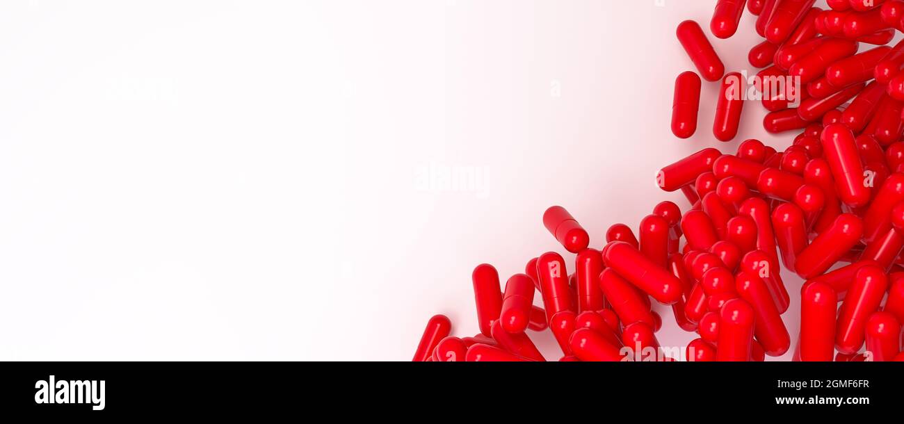 Pile of falling colored medicine pills. Healthcare and medical 3D illustration background. Stock Photo