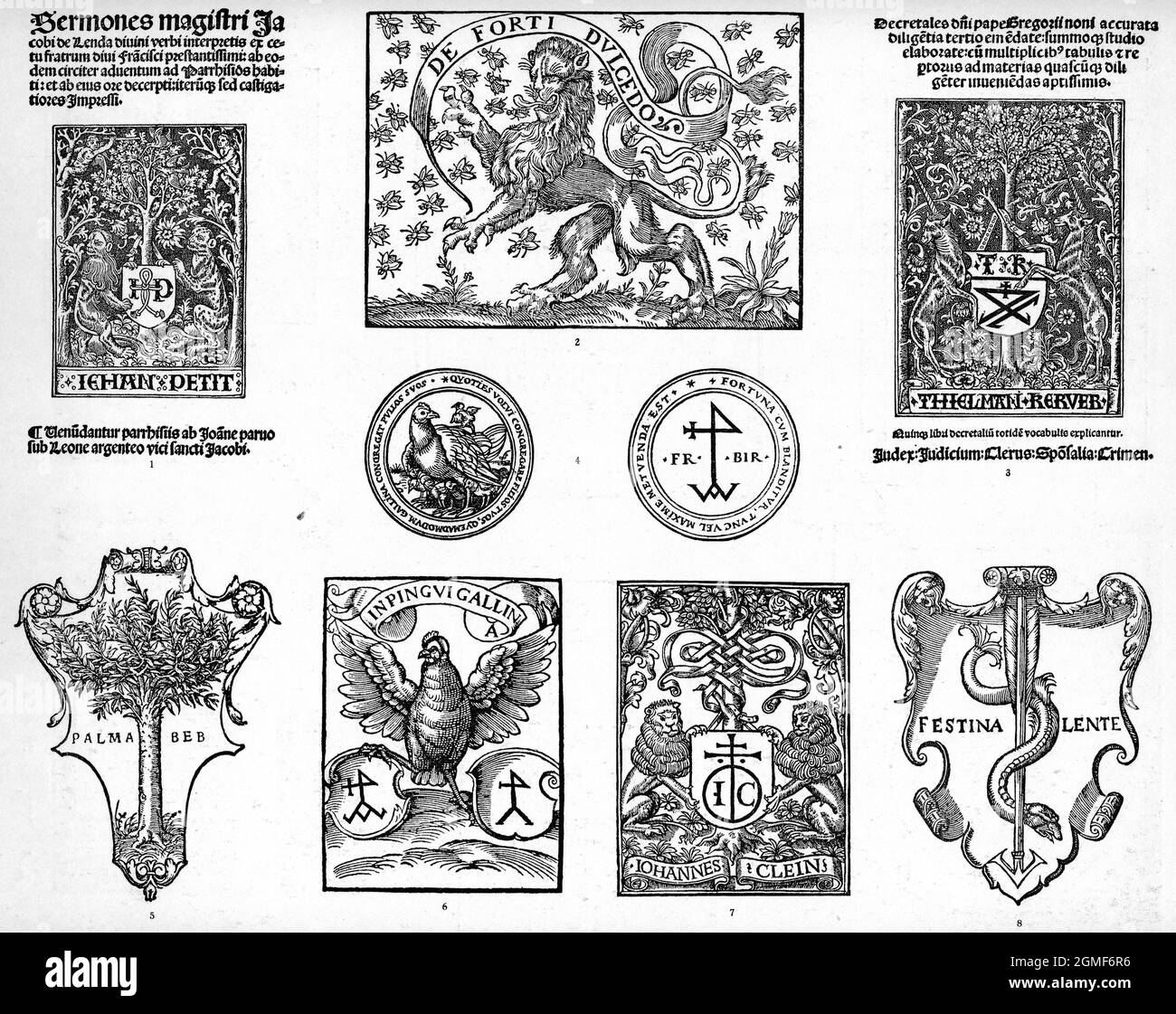 German and French printer's marks. Jean Petit, Paris, 15th century (1). G. Nanty & Cl. Langlois, Lyon, 17th century (2). Tielmann Kerver, Paris, 15th Stock Photo
