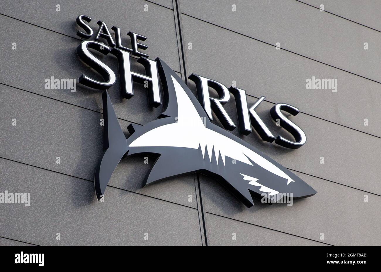 18th September 2021;  AJ Bell Stadium, Eccles, Greater Manchester, England; Gallagher Premiership Rugby, Sales Sharks versus Bath; Sharks logo outside the AJ Bell stadium Stock Photo