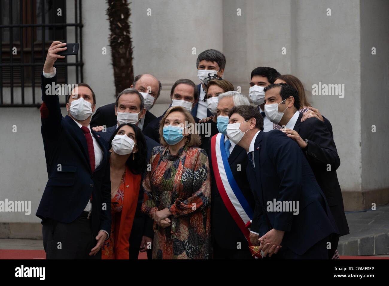 Santiago, Metropolitana, Chile. 18th Sep, 2021. President PiÃ±era and his ministers take a selfie at the La Moneda presidential palace, on the day that Chile's independence is celebrated. September 18, 2021. (Credit Image: © Matias Basualdo/ZUMA Press Wire) Stock Photo