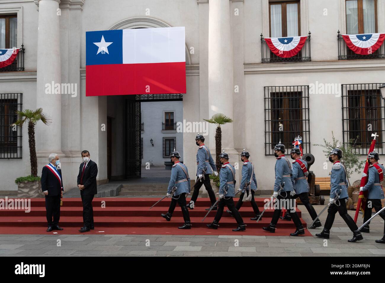 Santiago, Metropolitana, Chile. 18th Sep, 2021. President PiÃ±era receives members of the Chilean armed forces to take official photos at the La Moneda presidential palace, on the day that Chile's independence is celebrated. September 18, 2021. (Credit Image: © Matias Basualdo/ZUMA Press Wire) Stock Photo