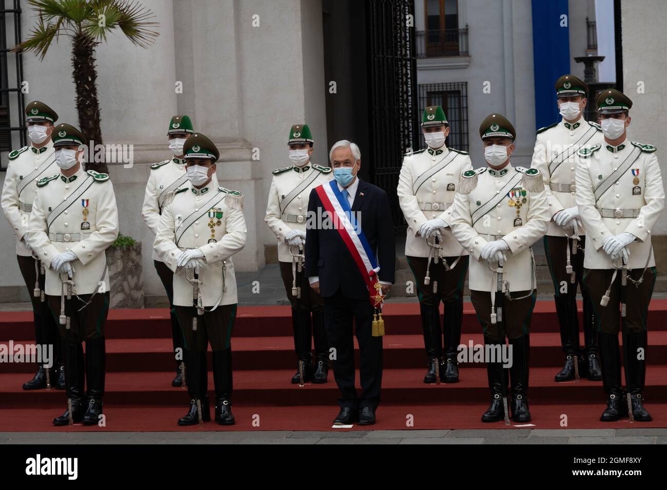 Santiago, Metropolitana, Chile. 18th Sep, 2021. President PiÃ±era together with members of Carabineros take official photos at the La Moneda presidential palace, on the day that Chile's independence is celebrated. September 18, 2021. (Credit Image: © Matias Basualdo/ZUMA Press Wire) Stock Photo