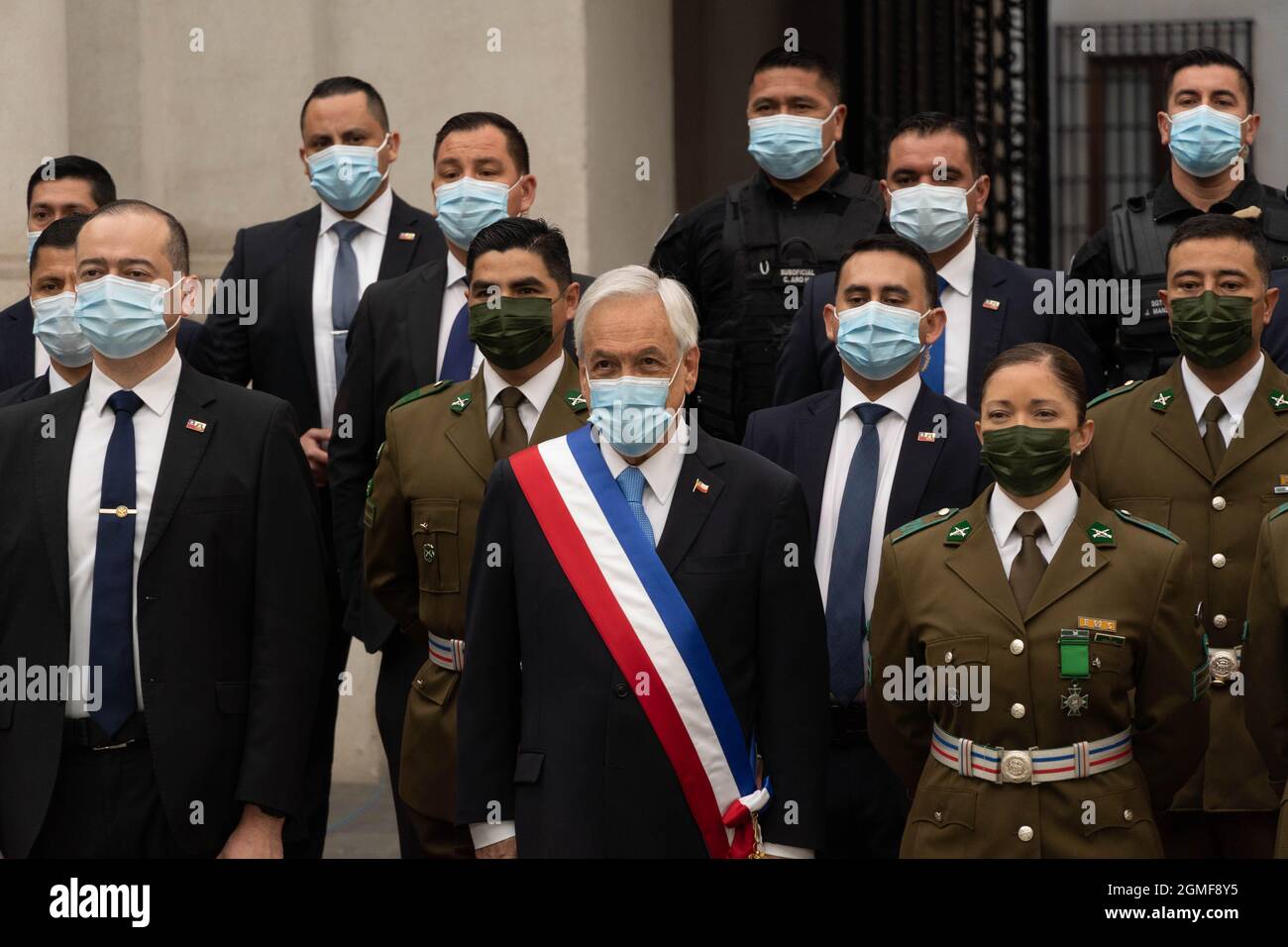 Santiago, Metropolitana, Chile. 18th Sep, 2021. President PiÃ±era and his security team take official photos in the La Moneda presidential palace, on the day that Chile's independence is celebrated. September 18, 2021. (Credit Image: © Matias Basualdo/ZUMA Press Wire) Stock Photo