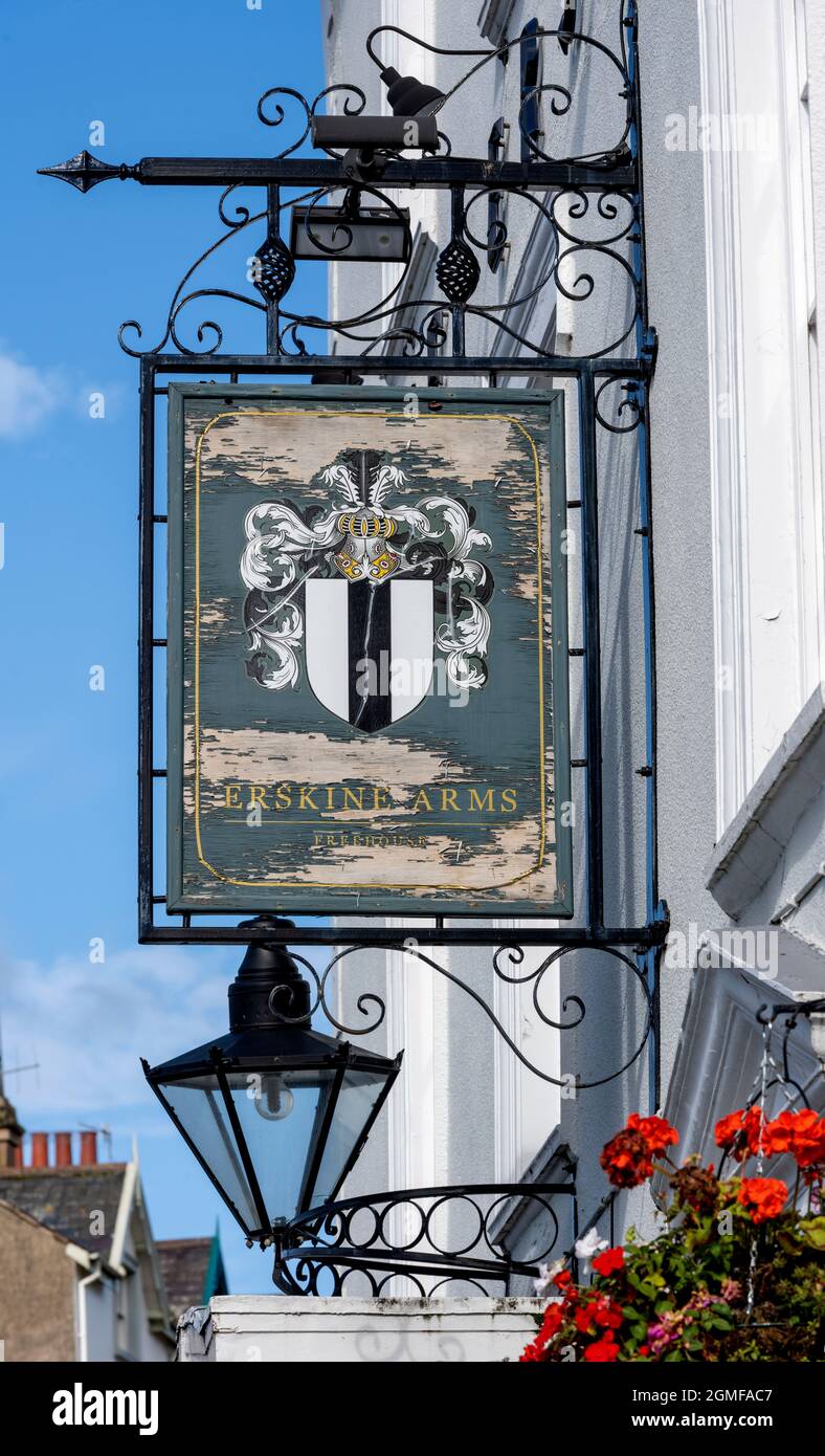 Traditional hanging pub sign at The Erskine Arms - public house - former Georgian Coaching Inn - Rose Hill Street, Conwy, North Wales, Wales, UK Stock Photo