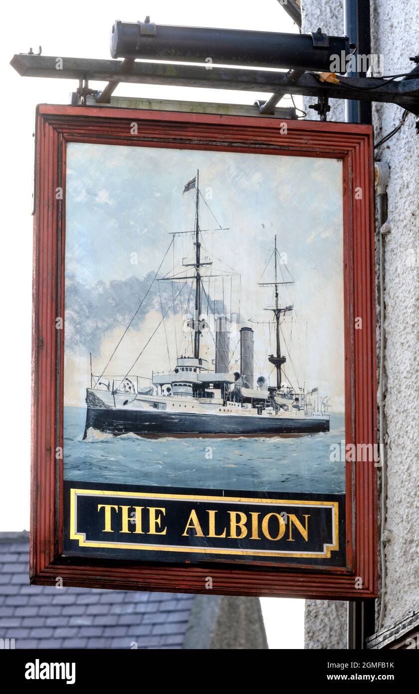 Traditional hanging pub sign at The Albion Ale House - public house - Upper Gate Street, Conwy, North Wales, Wales, UK Stock Photo