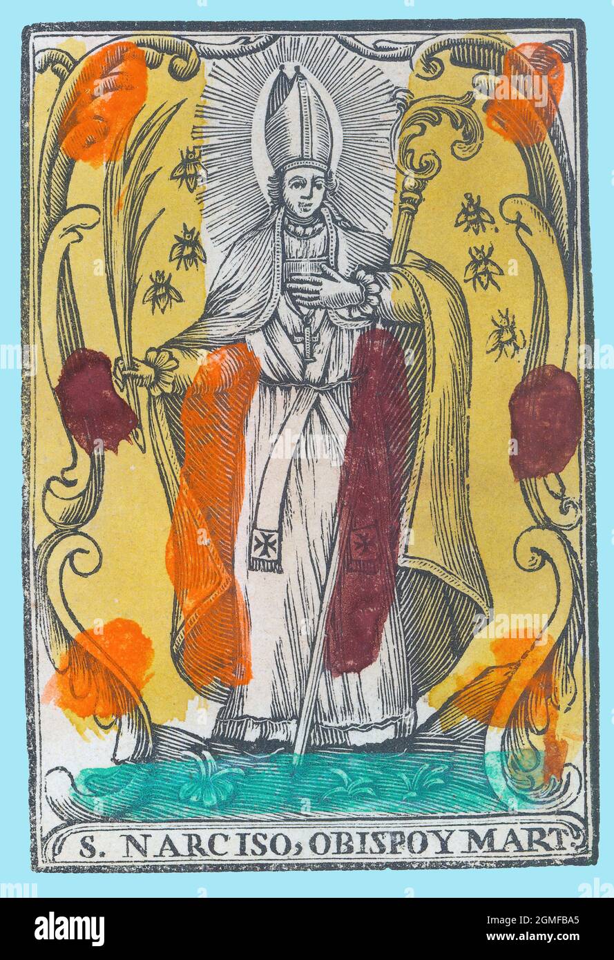 San Narciso (siglo III-307), obispo de Girona y mártir. Estampería popular del siglo XVIII, pintado a mano. Stock Photo