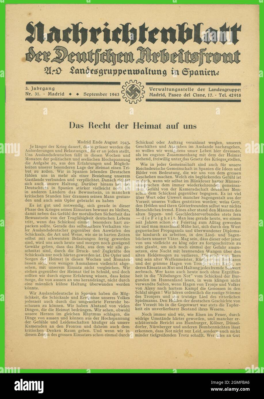 Portada del boletín de noticias del frente de trabajadores alemanes en  funciones en España durante la segunda guerra mundial. Madrid, septiembre  de 1943 Stock Photo - Alamy