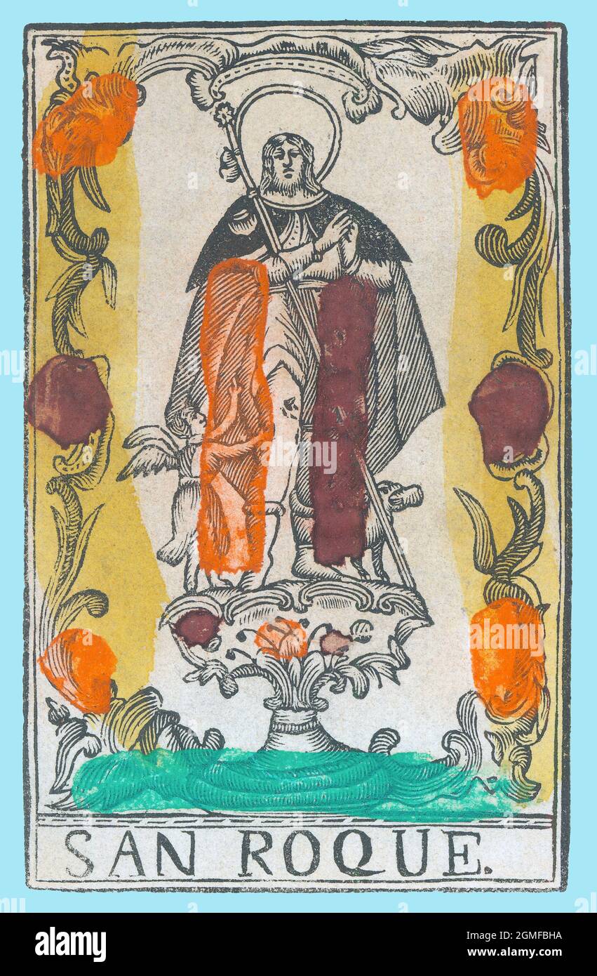 San Roque (1350-1379), peregrino occitano. Estampería popular del siglo XVIII, pintado a mano. Stock Photo