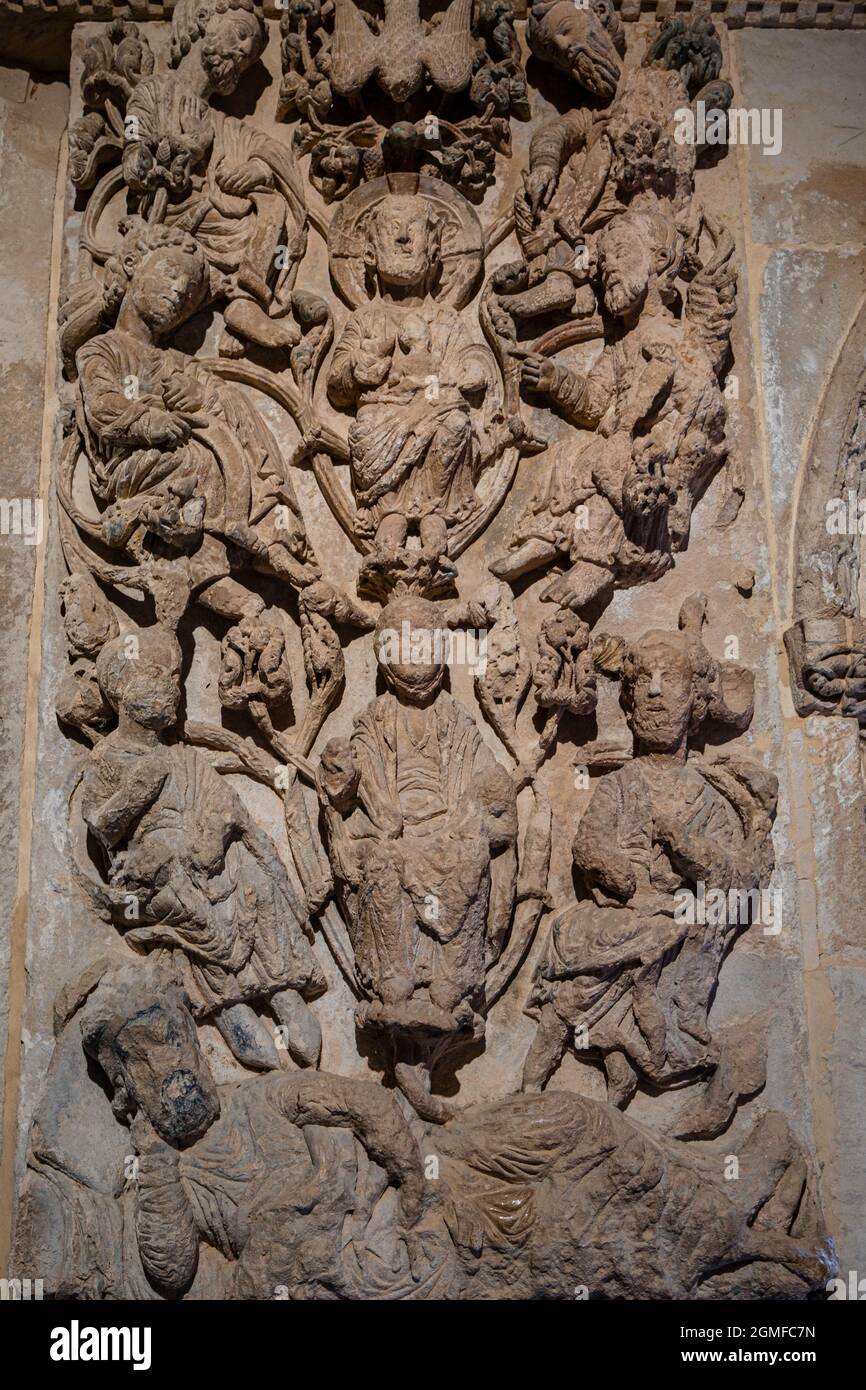 relief with the genealogy of Christ, tree of Jese, XII century, cloister of Santo Domingo de Silos, Burgos province, Spain. Stock Photo