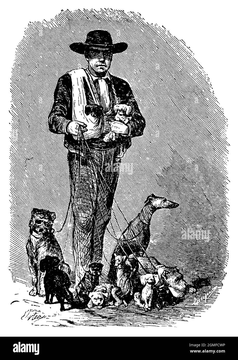 España. Siglo XIX. Comercio ambulante. Vendedor de perros y animales domésticos. Grabado de 1940. Stock Photo