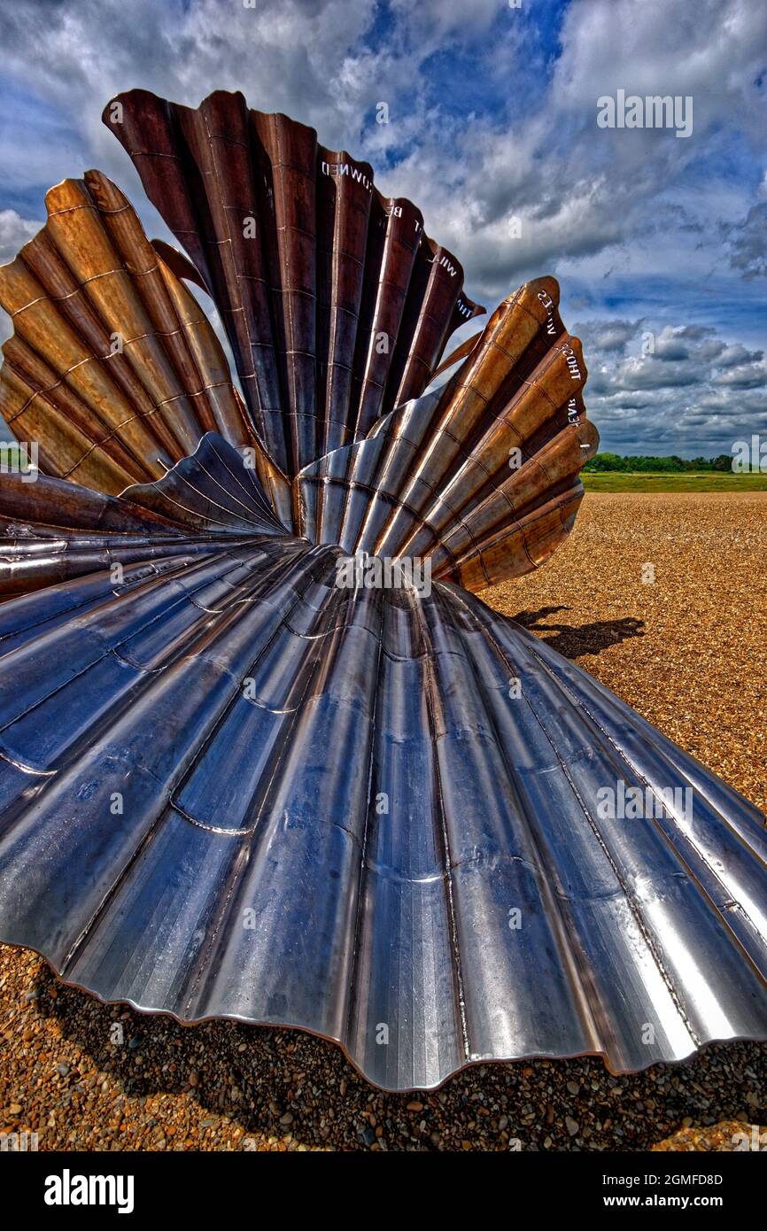 The Benjamin Britten Scallop Shell tribute memorial on the beach at Aldeburgh, Suffolk, England. Stock Photo