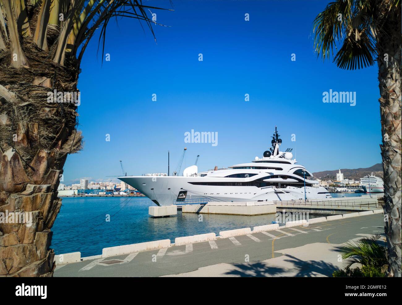 The  luxurious 123-metre  'Al Lusail', property of the Emir of Qatar, in Malaga port, Spain. Stock Photo