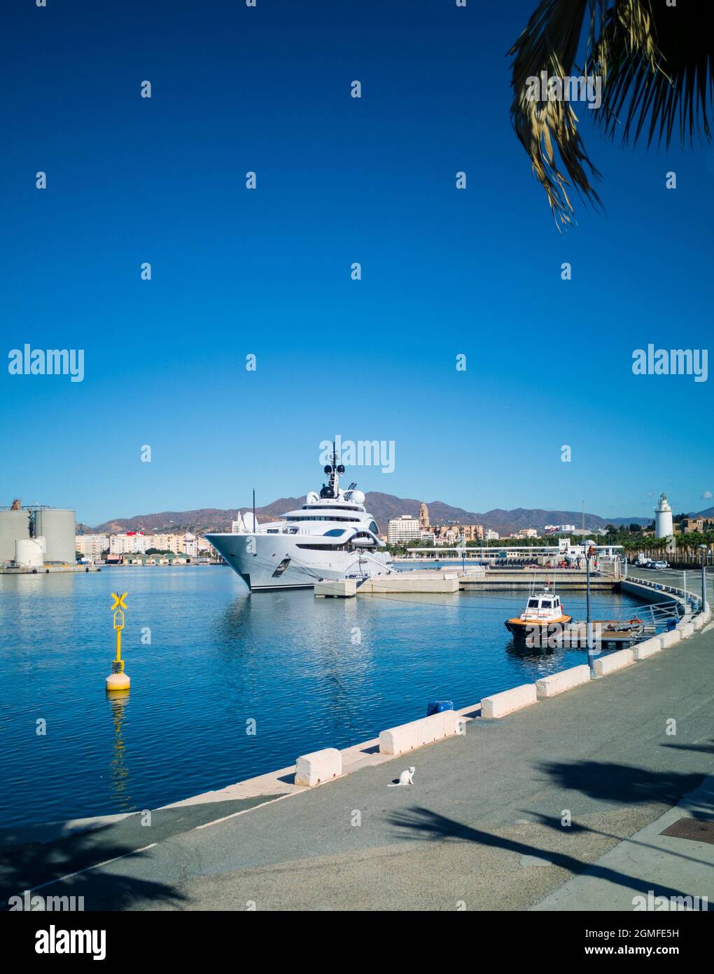 The  luxurious 123-metre  'Al Lusail', property of the Emir of Qatar, in Malaga port, Spain. Stock Photo
