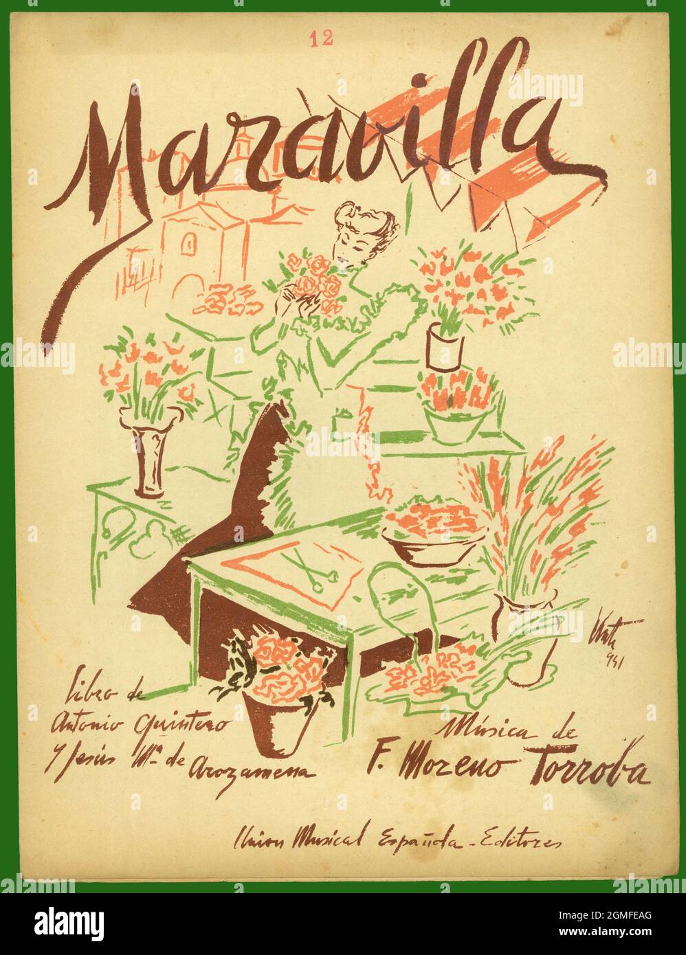 Partitura musical de la comedia lírica Maravilla, de Fernando Moreno Torroba. Madrid, año 1941. Stock Photo