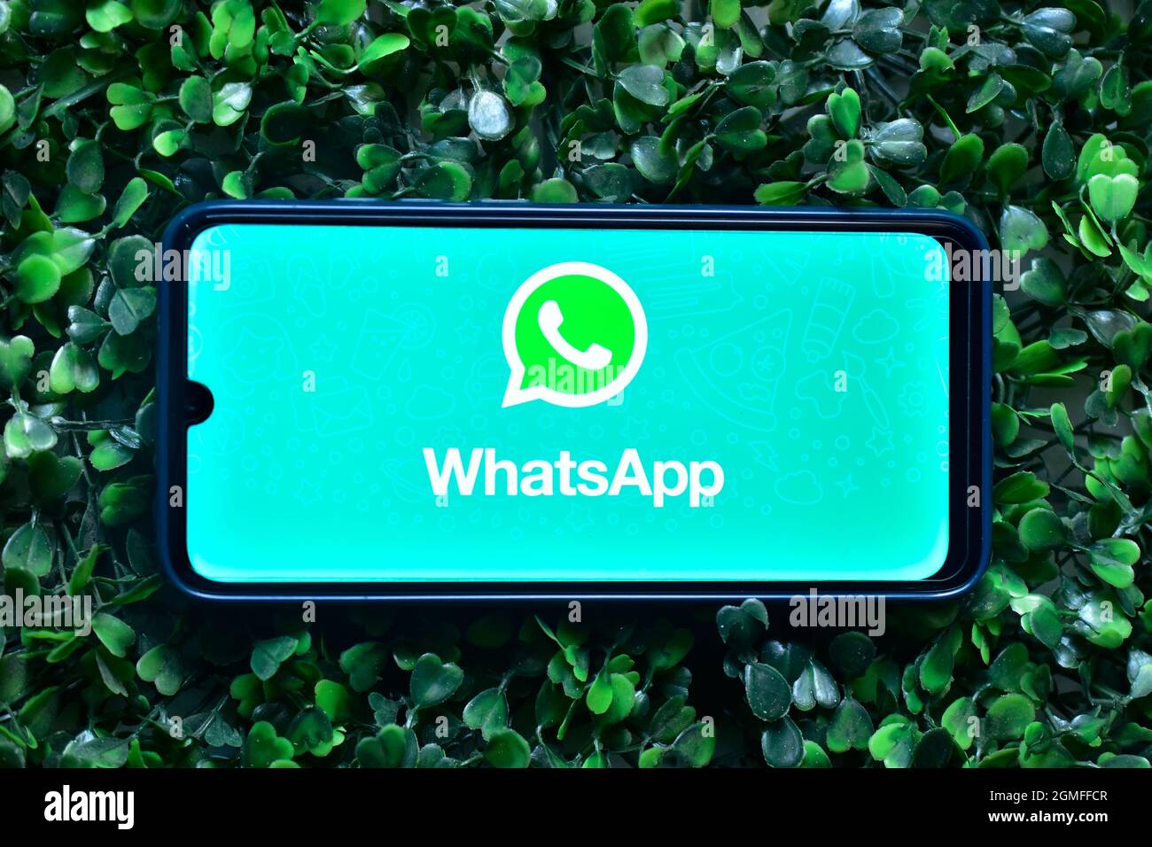 New Delhi, India - September 08, 2019: WhatsApp logo on smartphone, top view. Stock Photo