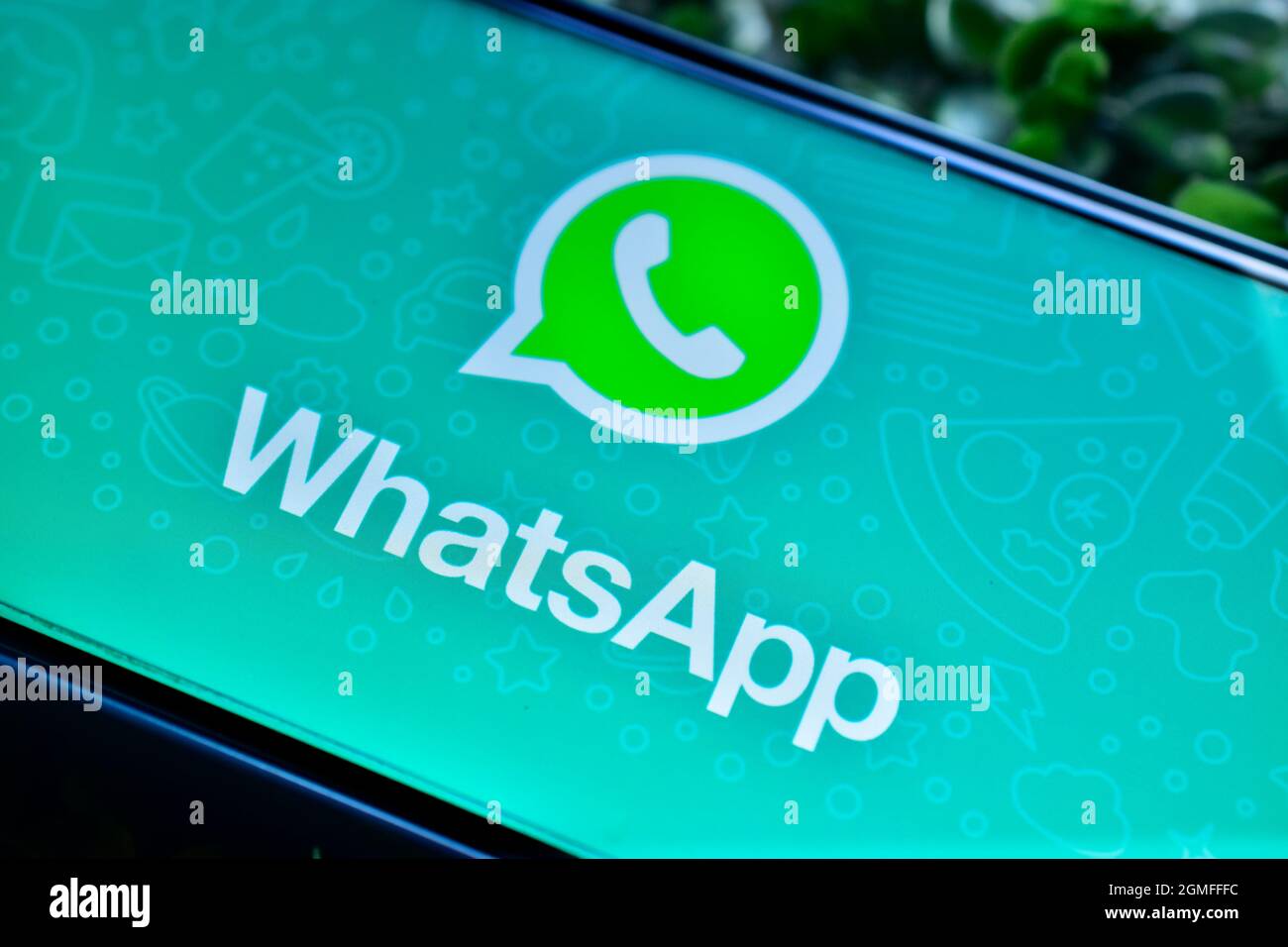 New Delhi, India - September 08, 2019:Close up of  WhatsApp application logo on mobile phone Stock Photo