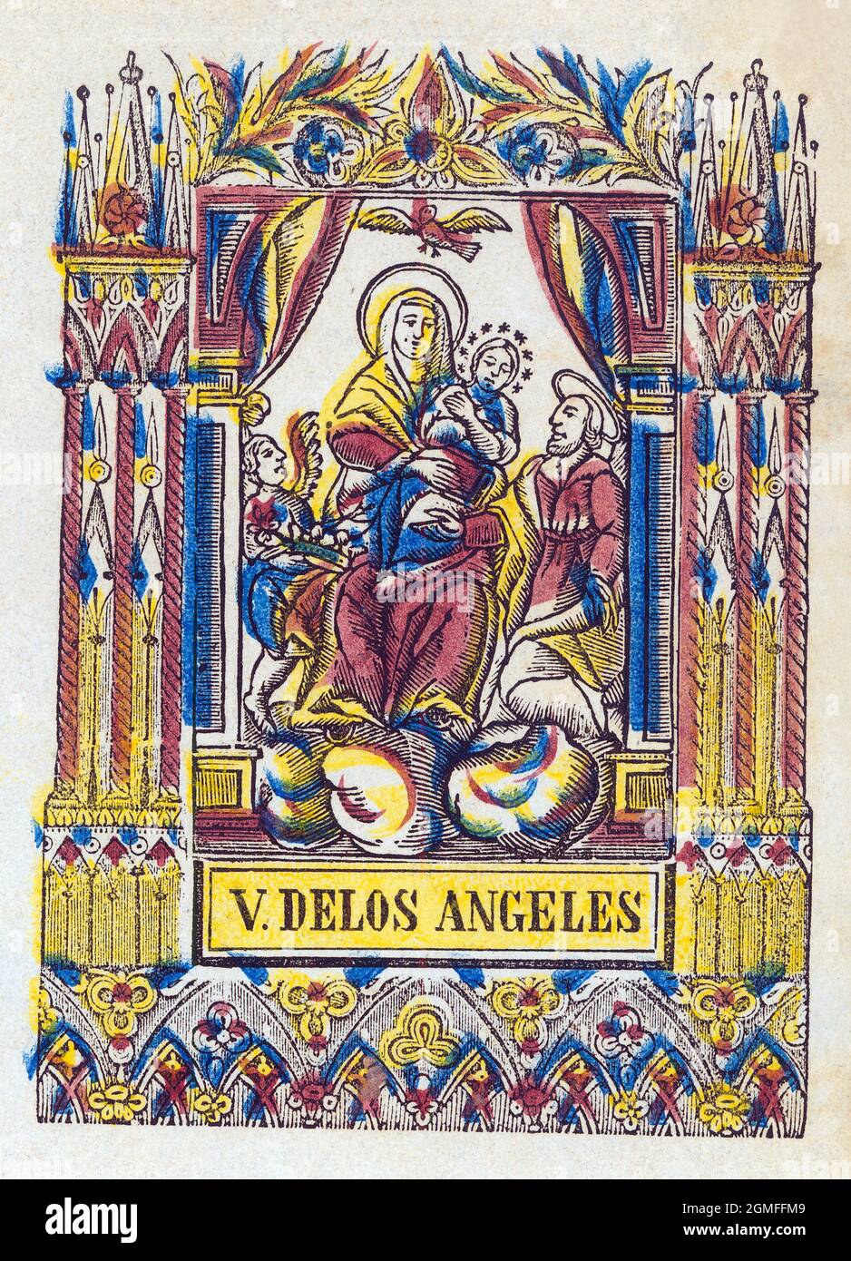 Nuestra Señora de los Ángeles o la Virgen de Los Ángeles, uno de los títulos con los que los católicos veneran a María, madre de Jesús. Estamperia popular del siglo XIX pintado a mano. Stock Photo