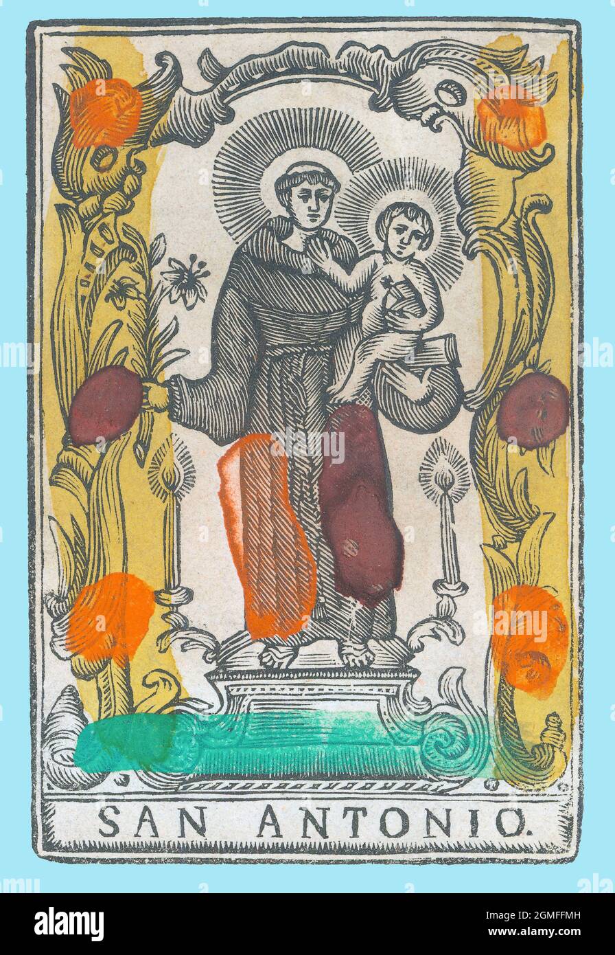 San Antonio de Padua (1195-1231), fraile franciscano. Estampería popular del siglo XVIII, pintado a mano. Stock Photo