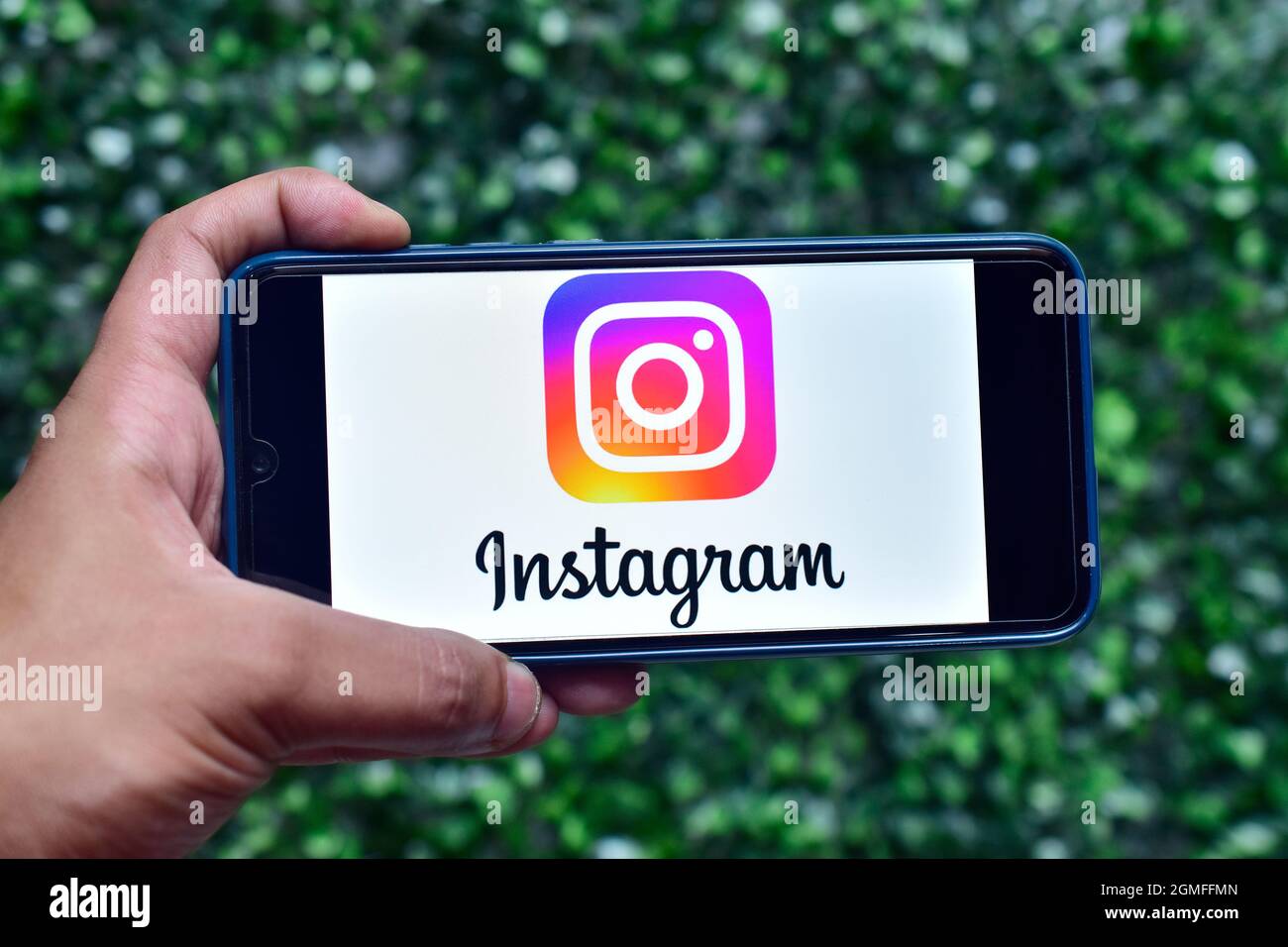 INDIA, NEW DELHI - SEPTEMBER 08, 2019: Instagram application logo on smartphone screen close-up. Using Instagram app Stock Photo