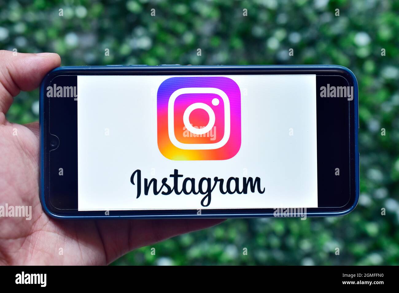 INDIA, NEW DELHI - SEPTEMBER 8, 2019: Instagram application logo on smartphone screen close-up. Using Instagram app Stock Photo