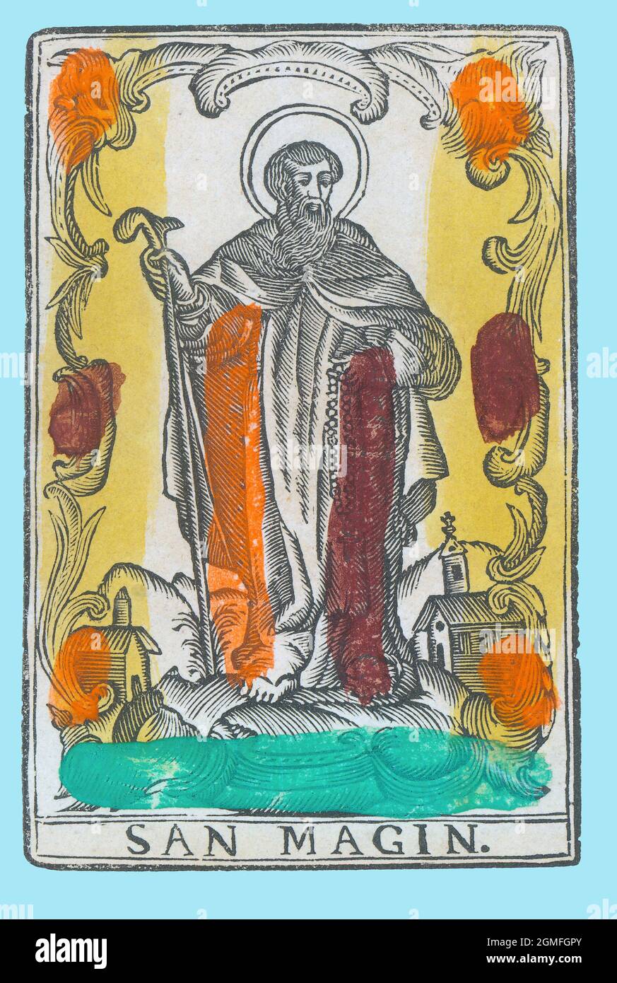 San Magín (siglo III-306), ermitaño martirizado por los romanos. Estampería popular del siglo XVIII, pintado a mano. Stock Photo