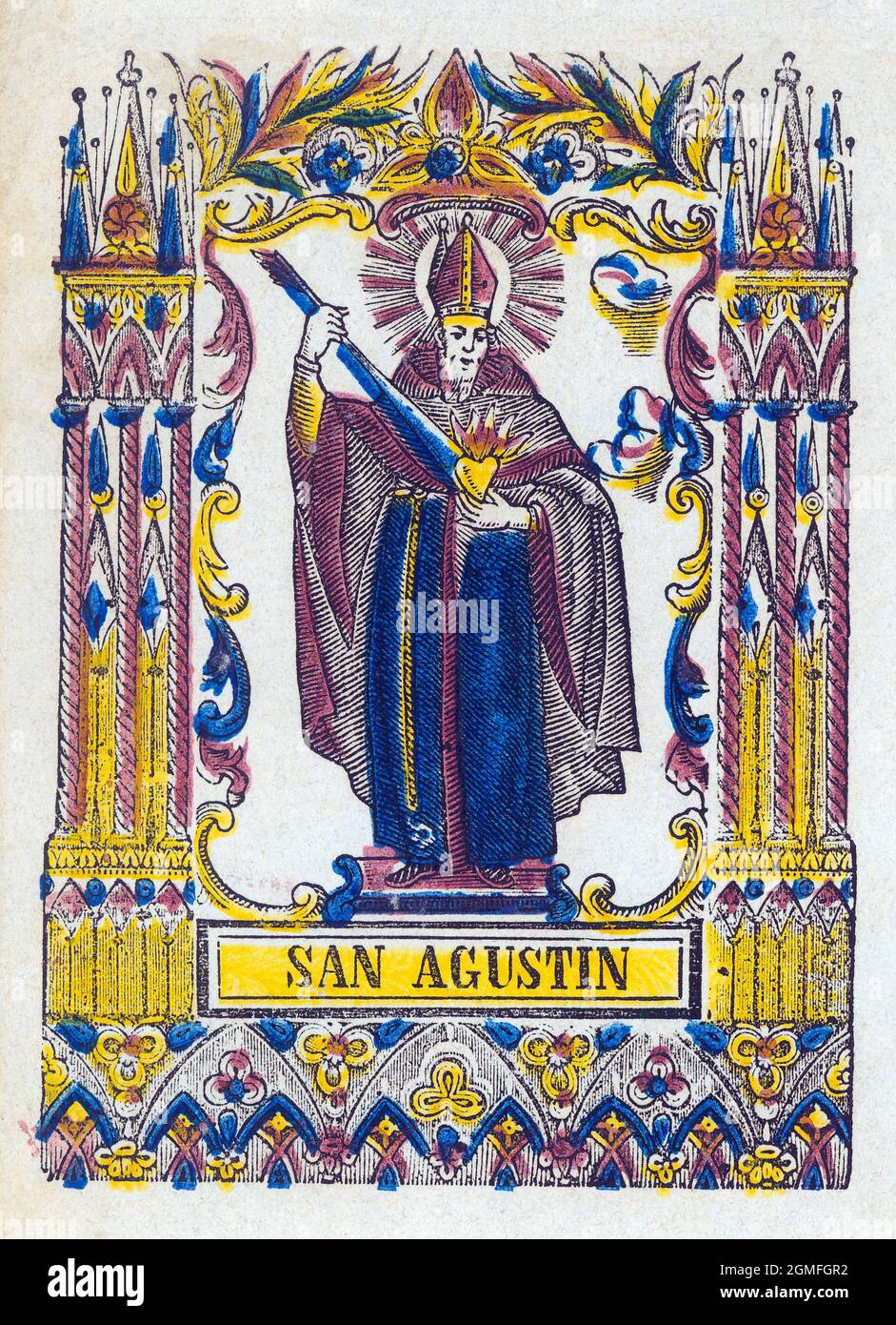 San Agustín de Hipona (354-430), obispo de Hipona y padre de la iglesia. Estamperia popular del siglo XIX pintado a mano. Stock Photo