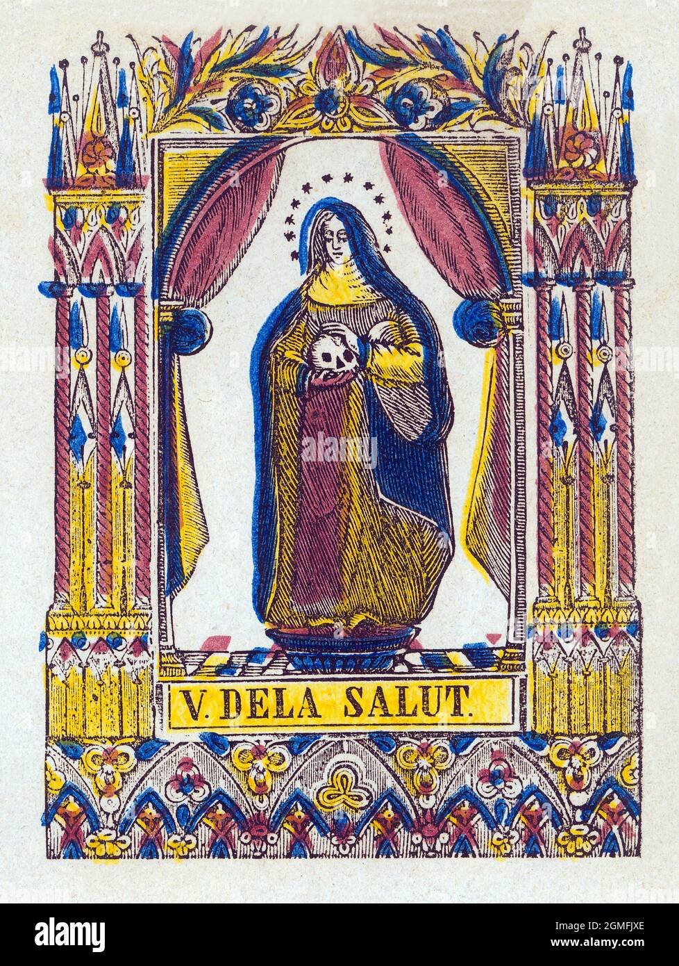 Nuestra Señora Virgen de la Salud o Virgen Niña, advocación de la Virgen María. Estamperia popular del siglo XIX pintado a mano. Stock Photo