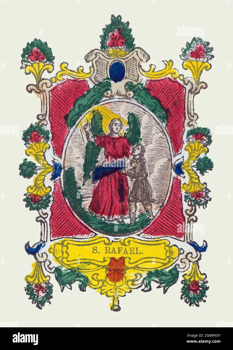 San Rafael, arcángel responsable de las curaciones en la mayoría de religiones abrahámicas. Estampería popular del siglo XVIII, pintado a mano. Stock Photo