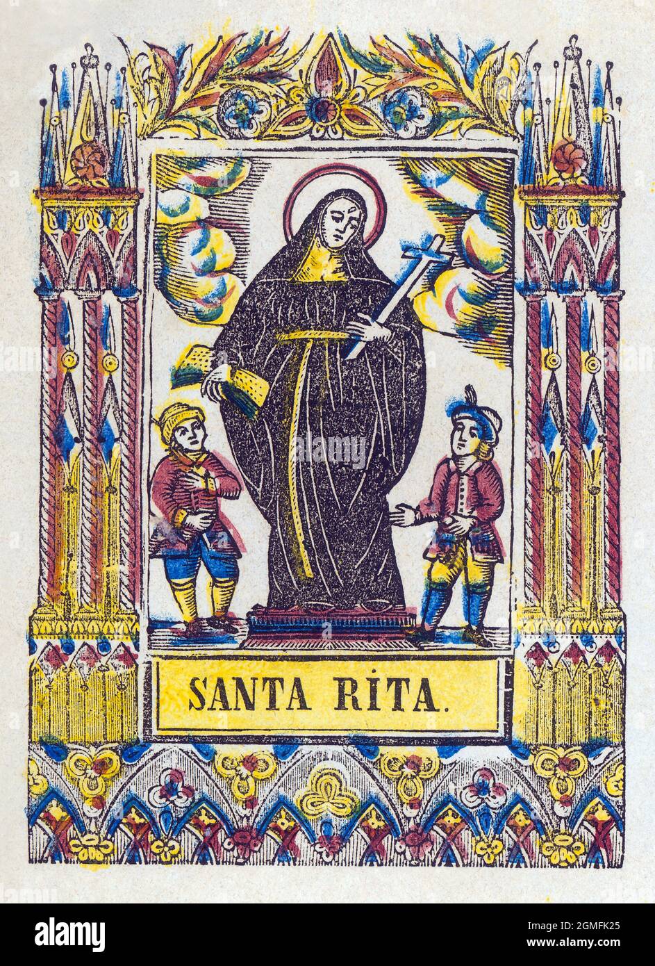 Santa Rita de Casia (1381-1457), religiosa italiana, patrona de las causas imposibles. Estamperia popular del siglo XIX pintado a mano. Stock Photo