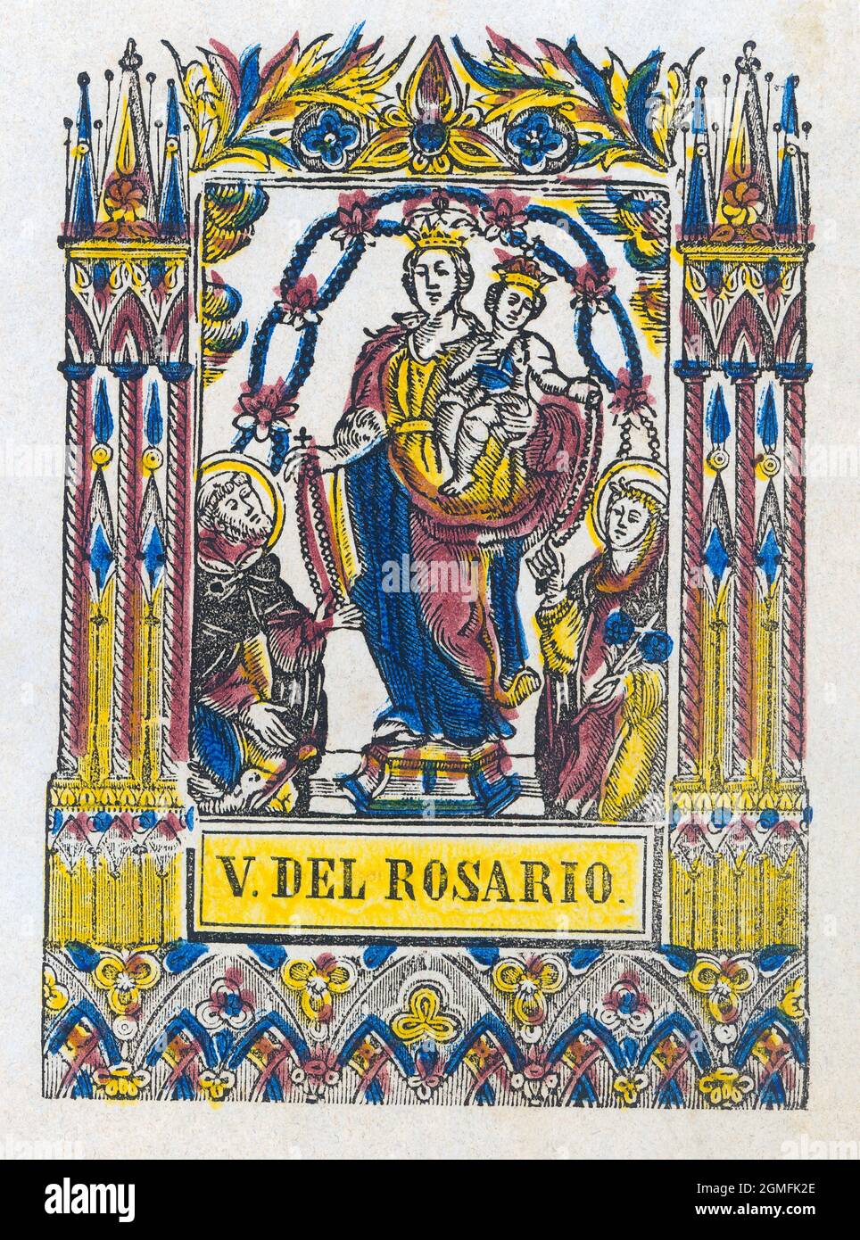 Virgen del Rosario. Estamperia popular del siglo XIX pintado a mano. Stock Photo