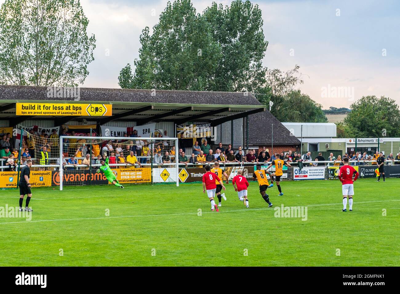 Leamington, Warwickshire, UK. 18th Sep, 2021. Leamington FC played Stone Old Alleynians in the FA Cup 2nd qualfying round at Harbury Lane today. Leamington FC won 3-1 and progress into the next round of the competition. Dan Turner converts a penalty in the 83rd minute to give Leamington a 3-1 lead. Credit: AG News/Alamy Live News Stock Photo
