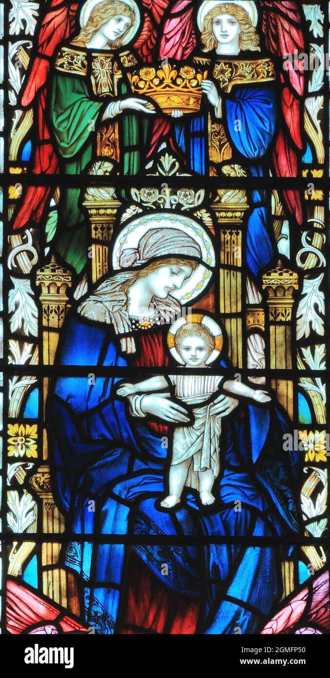 Virgin Mary and baby Jesus, stained glass window, 1895, Blakeney Church, Norfolk, England Stock Photo