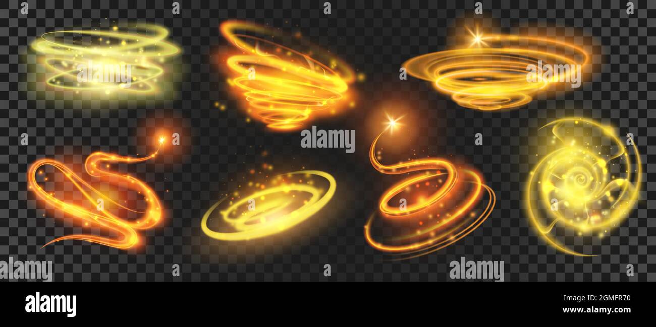 Shiny gold magic spirals and circles with sparkle dust. Glow glitter