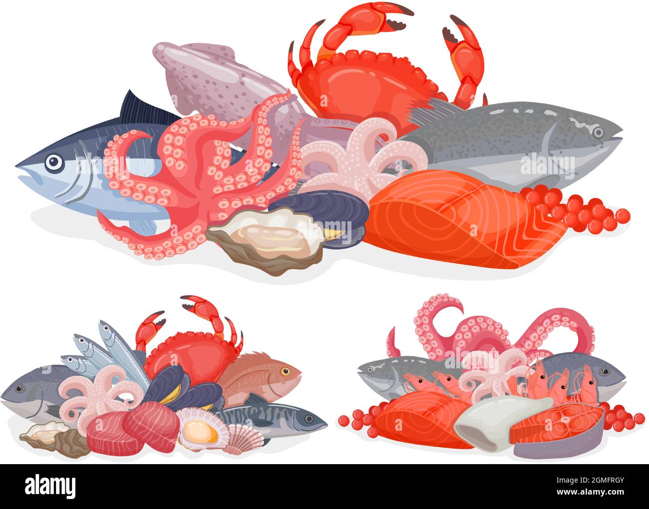 Cartoon seafood products design for menu, shop poster or package. Pile with ocean fish, lobster, oysters and crab. Marine food vector set Stock Vector