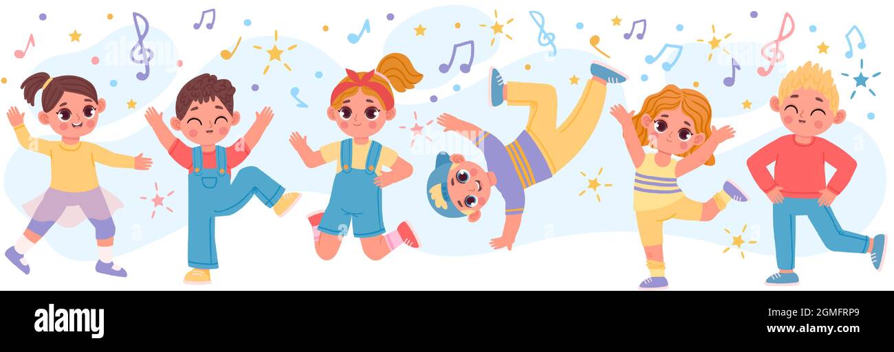 Happy cartoon children group dancing and jumping together. Fun active kid  friends play. Kindergarten characters at dance party vector banner Stock  Vector Image & Art - Alamy
