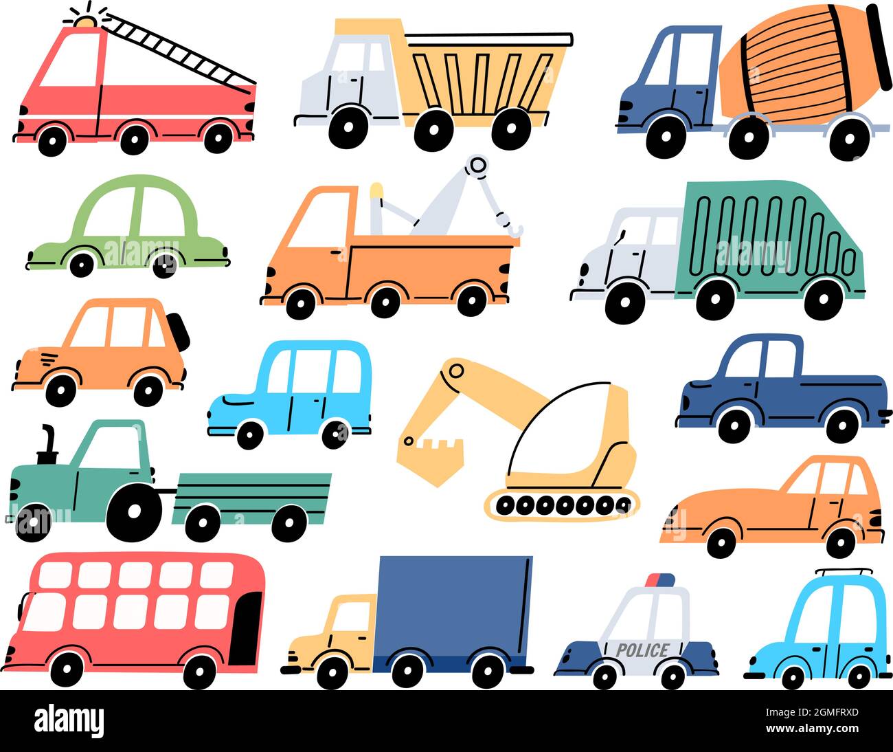 Kids transport and cars, construction tractor, excavator and digger. Cartoon children fire engine, dump truck and police vehicle vector set Stock Vector