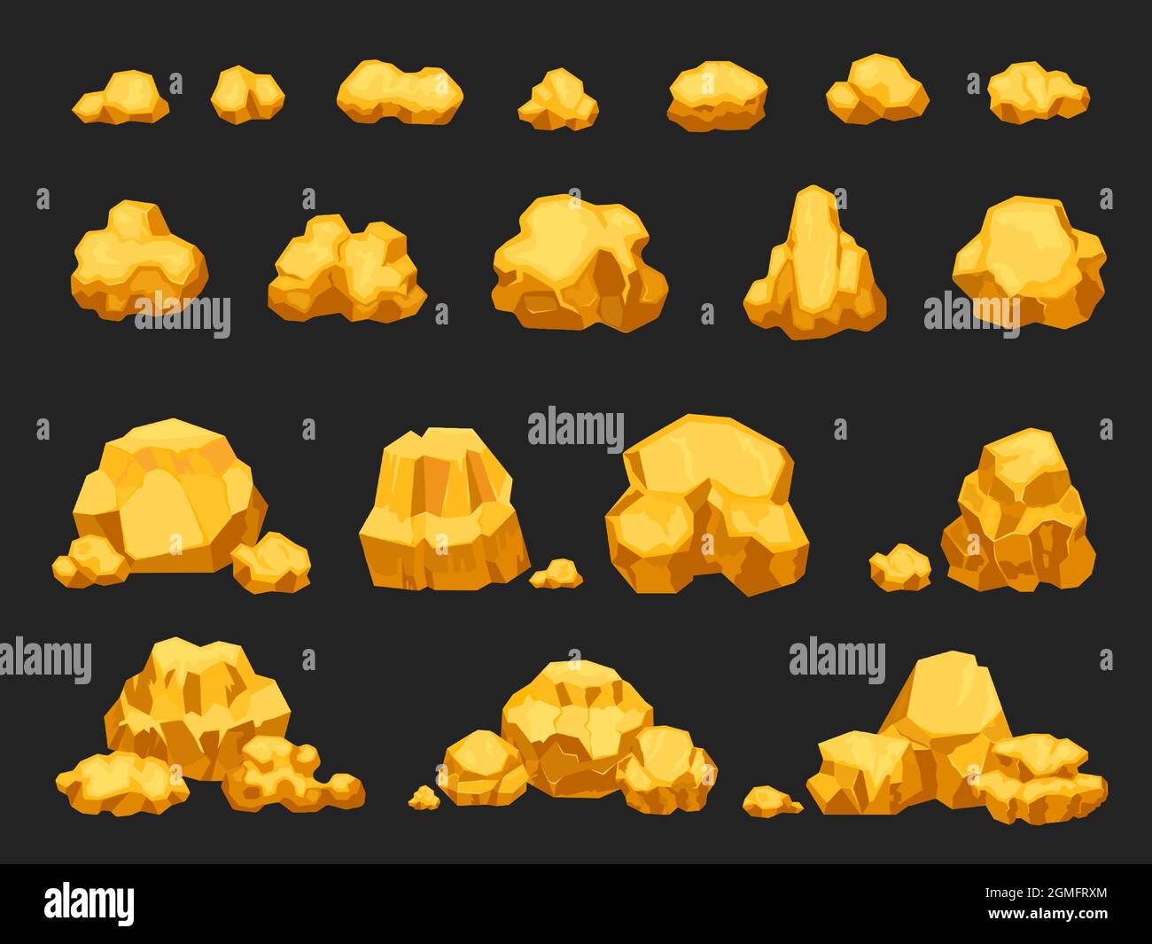 Cartoon gold mine nuggets, boulders, stones and piles. Natural shiny solid golden rock heap. Jewel nugget icons for miner game vector set Stock Vector