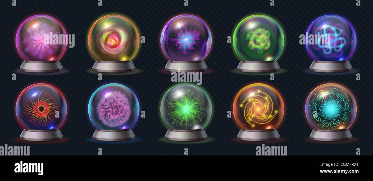 Realistic magic crystal ball with glowing energy and lightnings. Fortune predict sphere, occult glass globe with mystical effects vector set Stock Vector