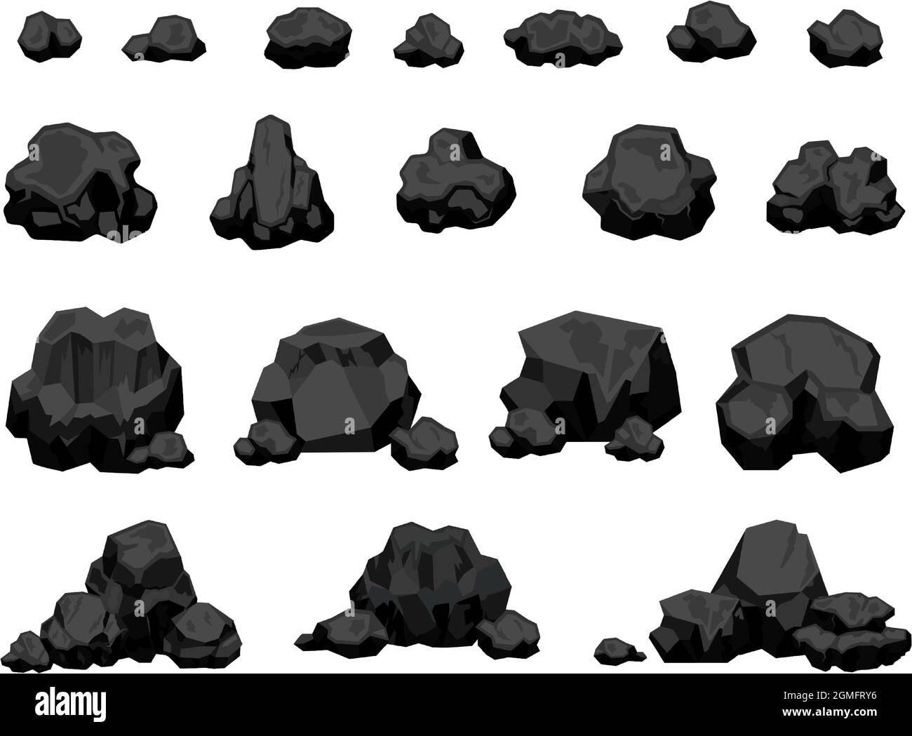 Cartoon mine black coal pieces and piles, burning material. Charcoal lumps for fire, natural energy power production. Coal rocks vector set Stock Vector