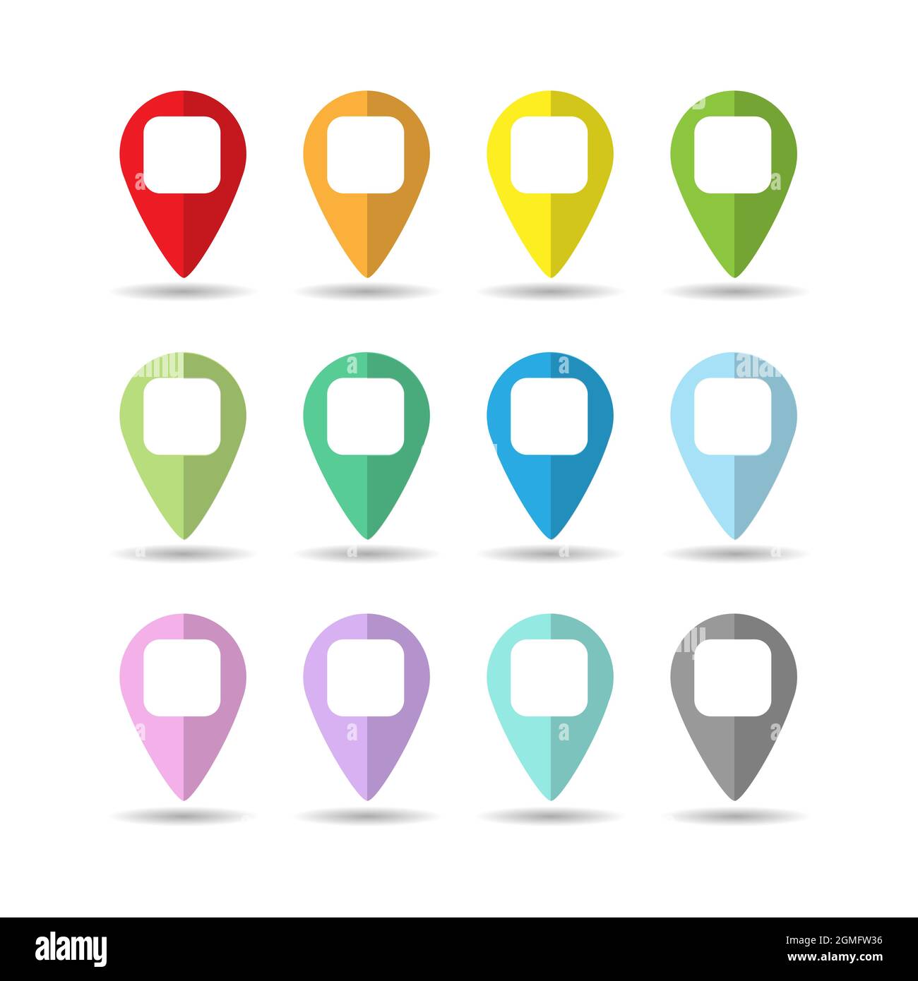 set of colored dots or pointers for a map with a square space in the center. Flat design. Stock Vector