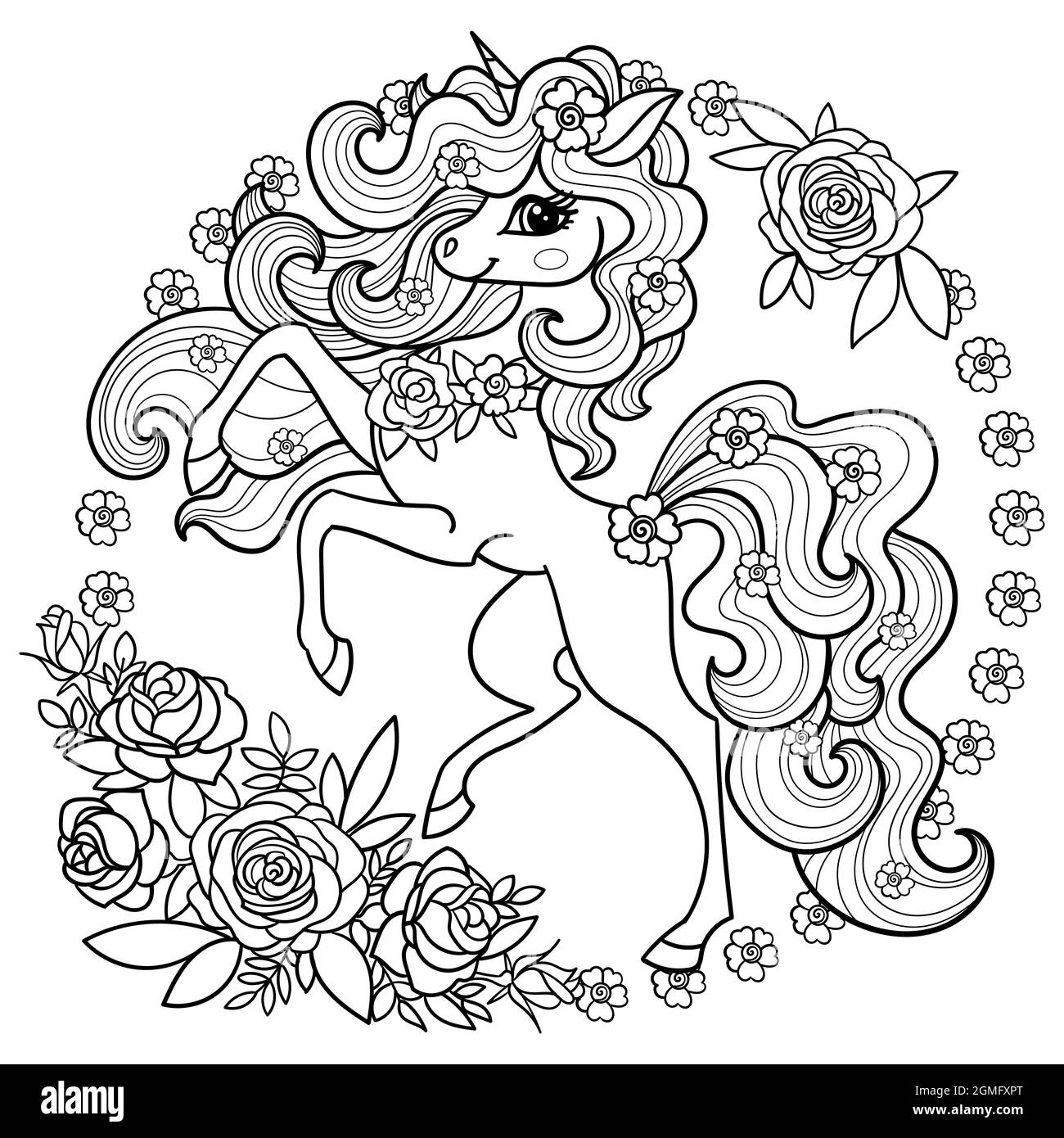 Unicorns with big horn, flowers and leaves. Cute portrait of a unicorn with  a beautiful rainbow mane. 